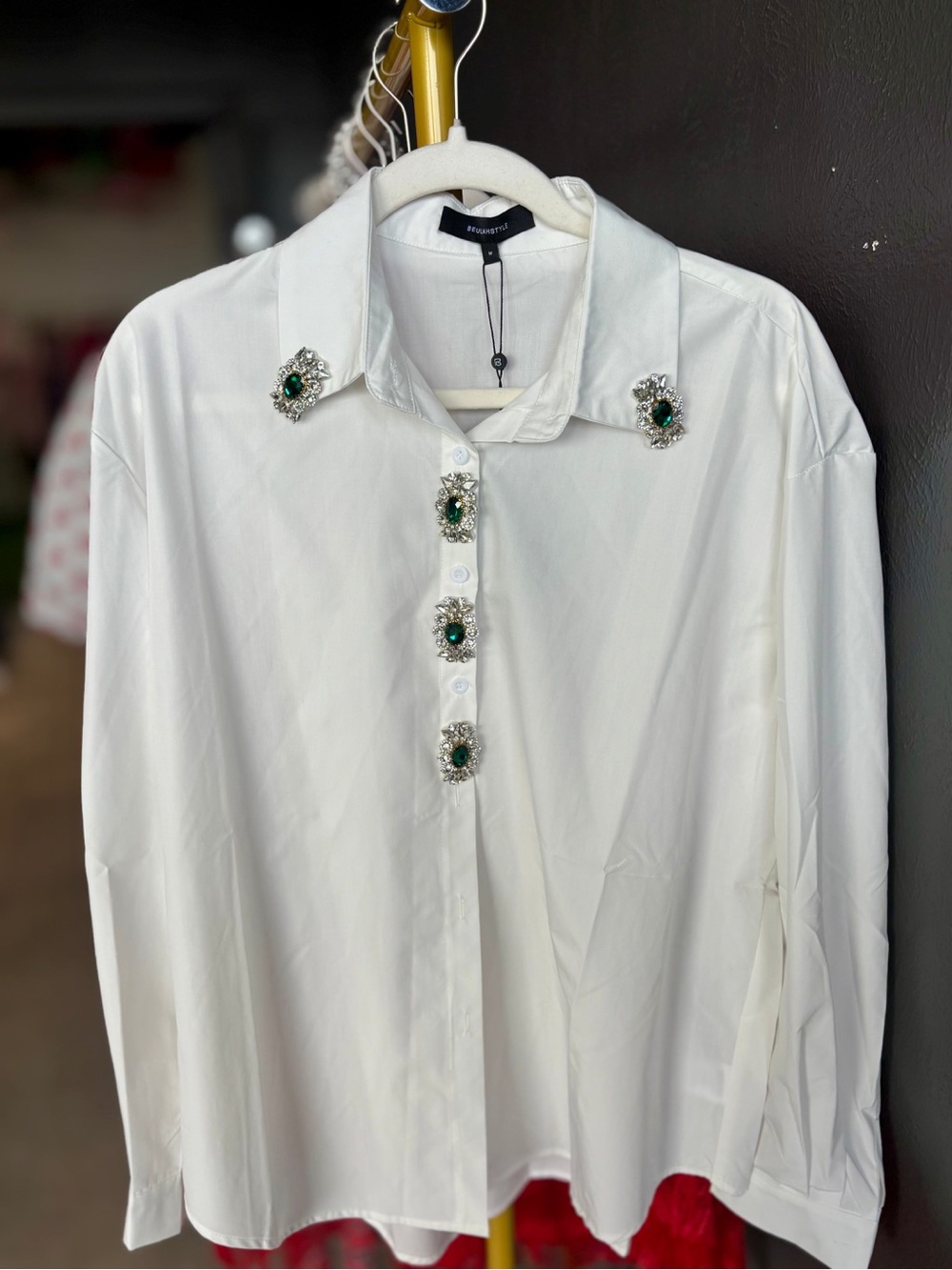 White Embellished Men's Shirt with Green Gem Accents